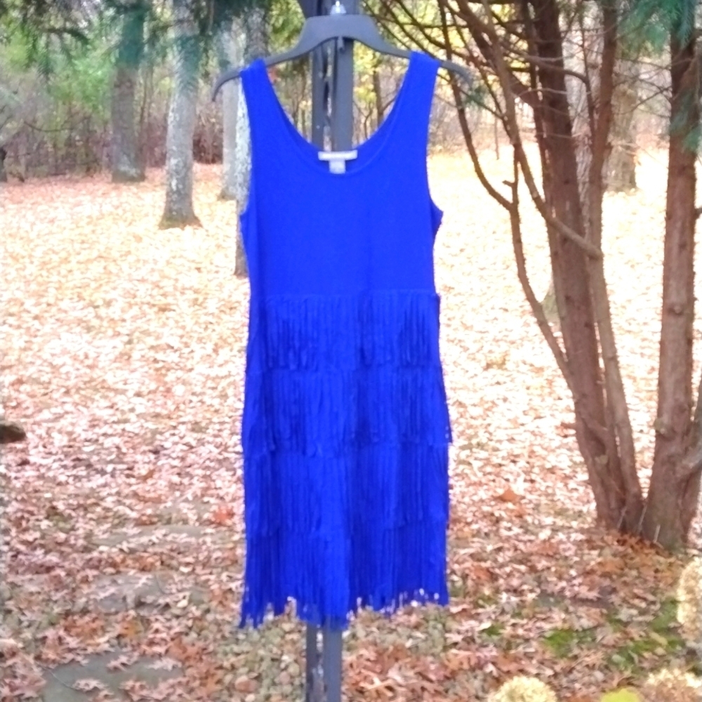 KATE & MALLORY dress, royal blue, fringed, flirty and fun, t-shirt soft, medium